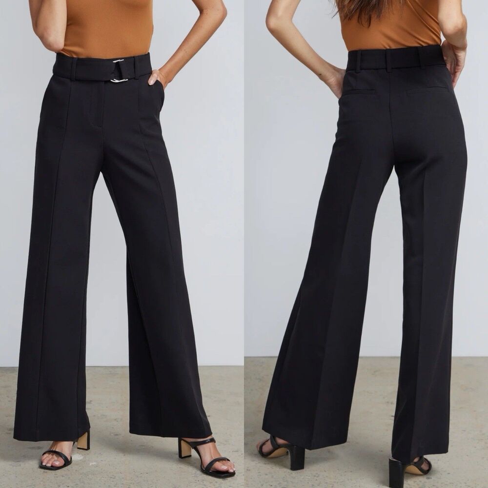 NWT NY&C Black Wide Leg Pants Large High Rise D-Ring Belted Trousers Career